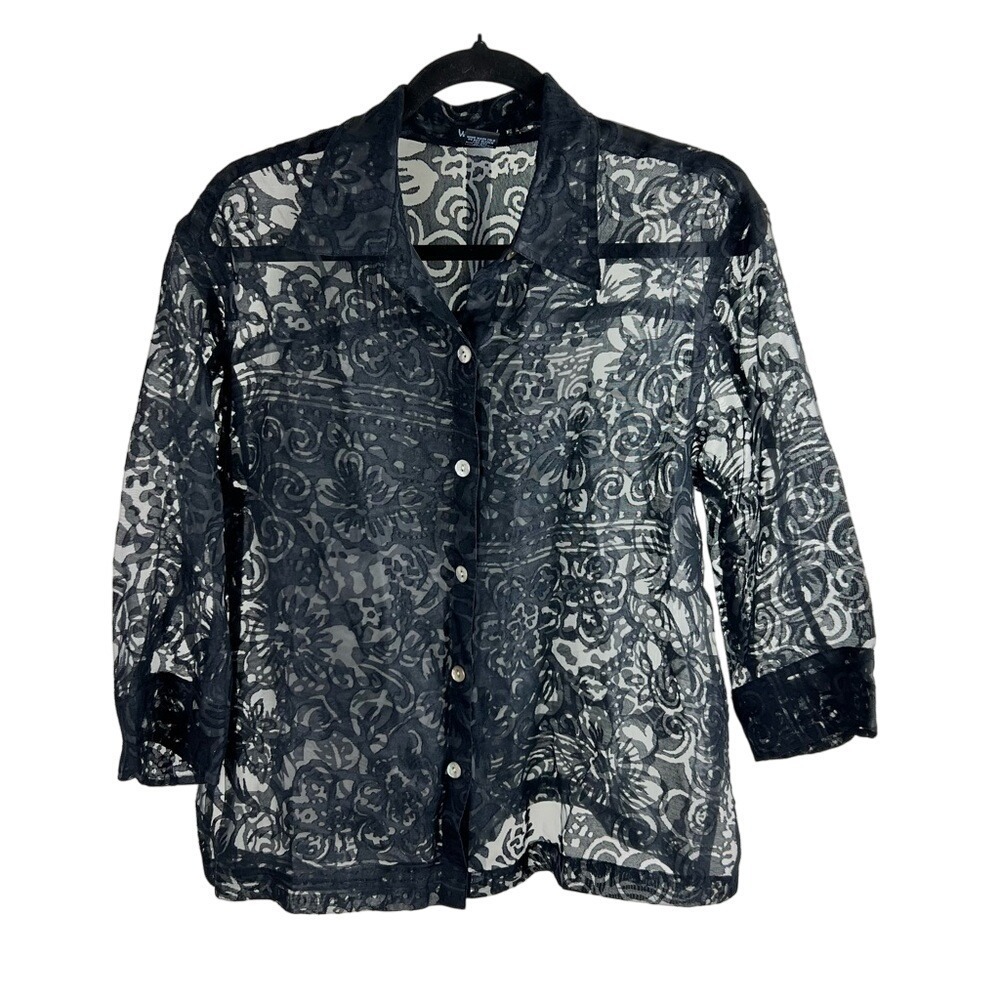 West End Black Sheer Burnout Lace Floral Button Down Top Large